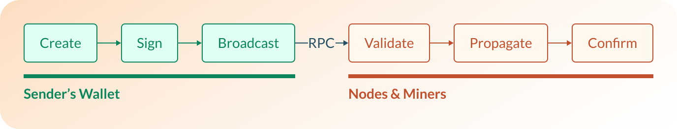 Transaction lifecycle spans from creation to confirmation